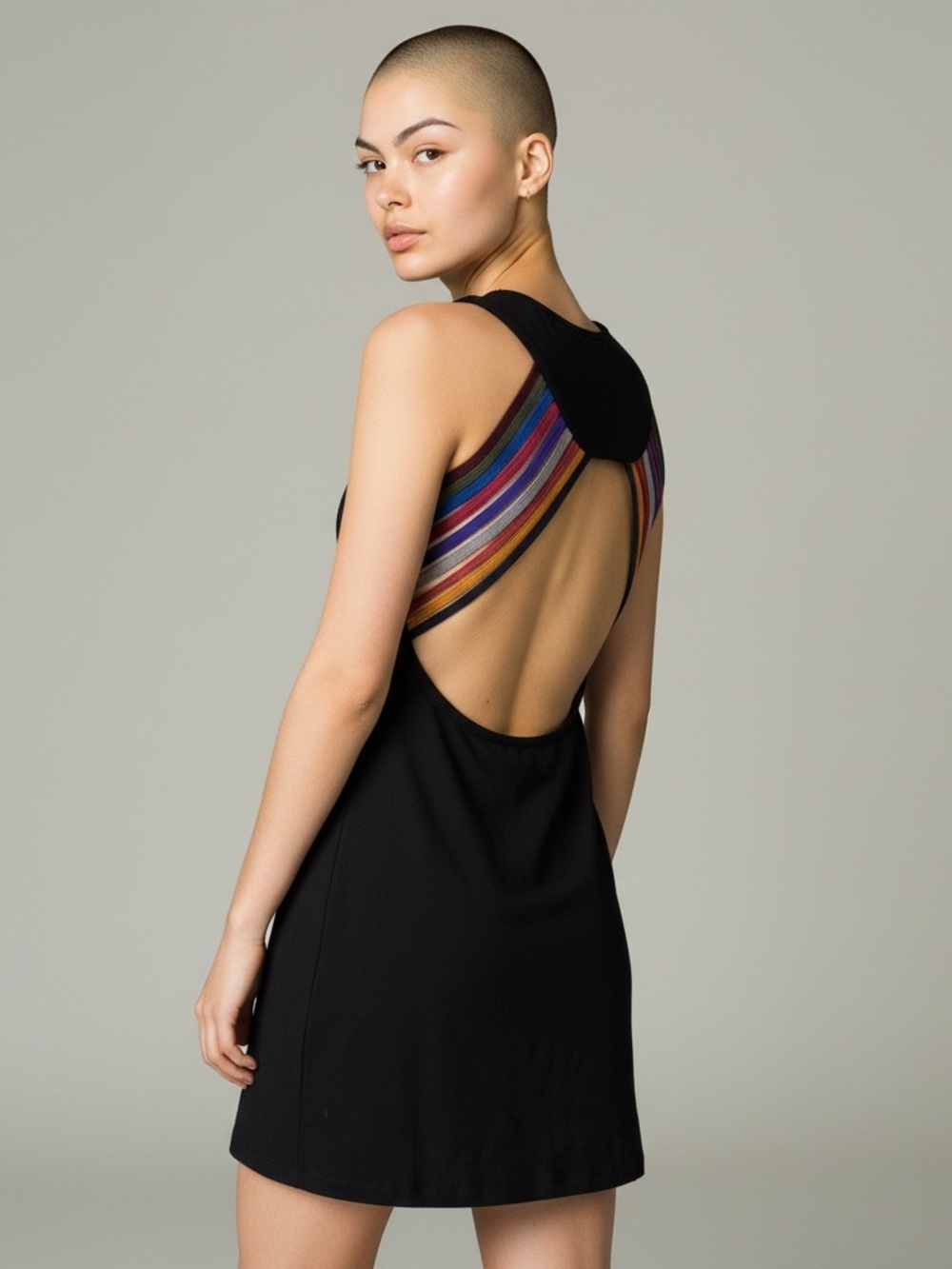 EARTHBOUND Black Sleeveless Mini Dress with Rainbow Striped Back - Large